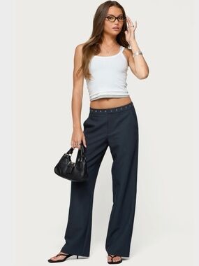 🆕 Edikted - Ayve Eyelet Waist Straight Leg Pants - Dark Grey - M